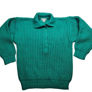 Cristina's Womens Teal Green Ribbed Collared Button Neck Pullover Sweater Medium